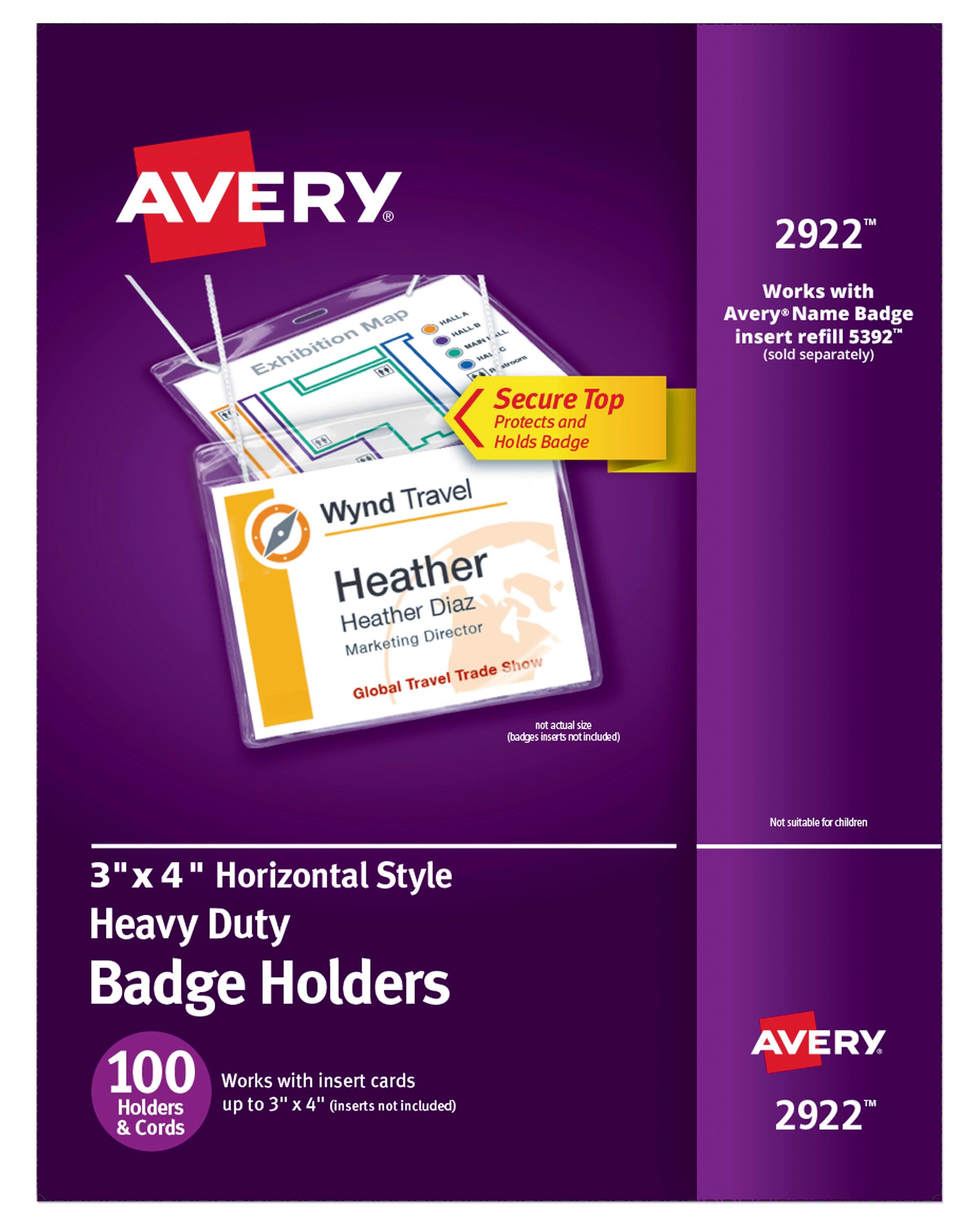Avery Hanging Horizontal Photo ID System Badge Holder with Clip and Lanyard, 4 X 3 in, Polypropylene, Clear, Pack of 100, Item Number 1118259